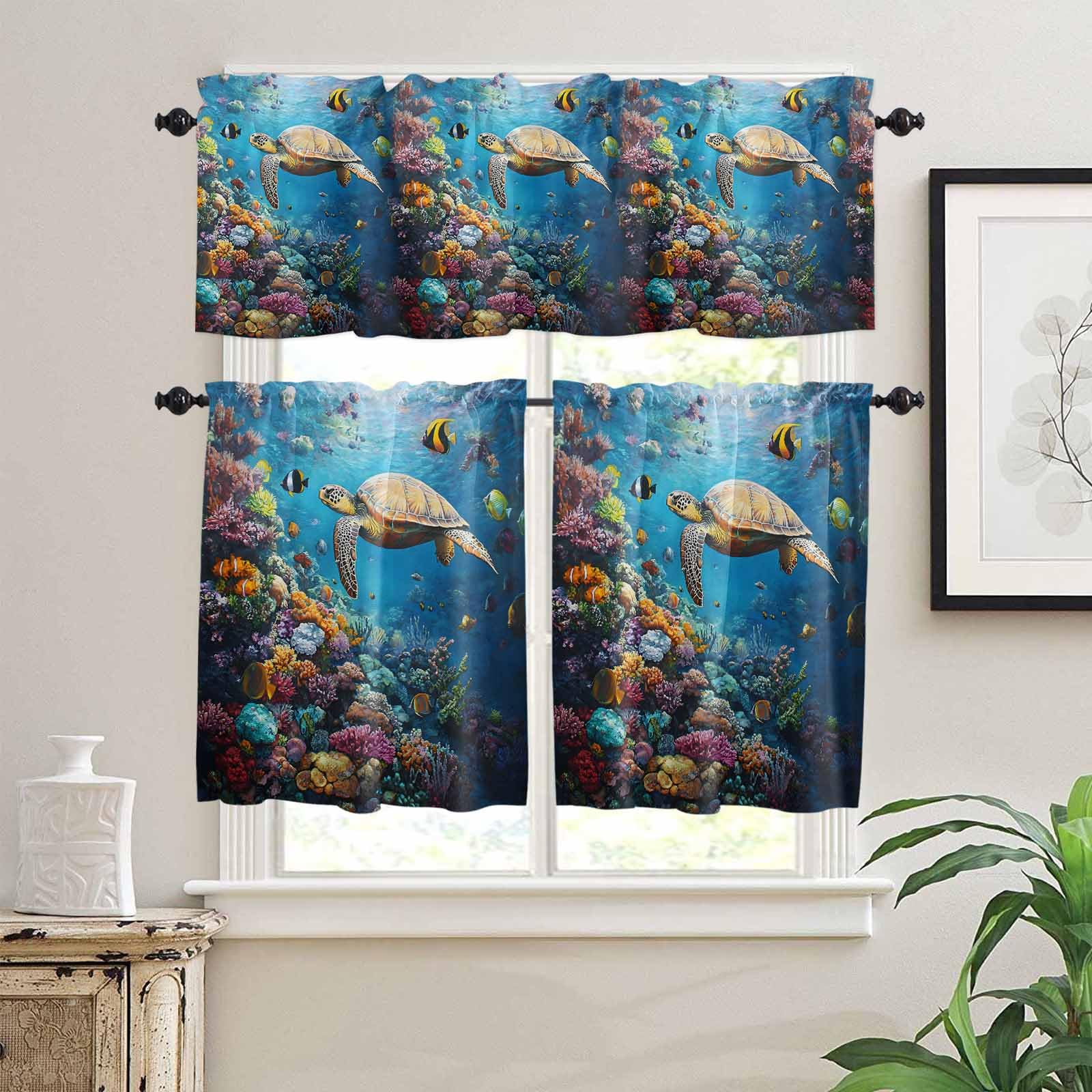 Summer Turtle Kitchen Curtains 36 Inch Length, 3 Piece Rod Pocket Small Half Tiers and Valance Set, Ocean Coral Underwater Sea Fish Animal Small Large Window Treatment Decor for Bedroom/Bathroom Sink