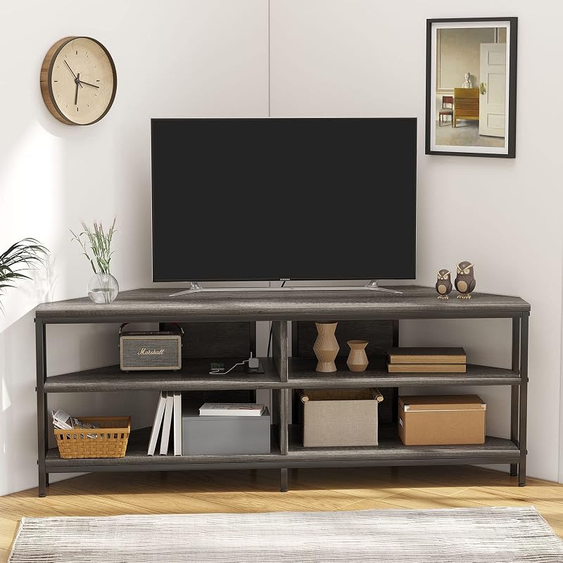MUTUN Corner TV Stand with Power Outlet, Corner TV Stand for 32 43 50 55 60 Inch TV, Corner Entertainment Center, Industrial TV Console Table for Living Room Bedroom, 55 Inch, Grey Oak image 2