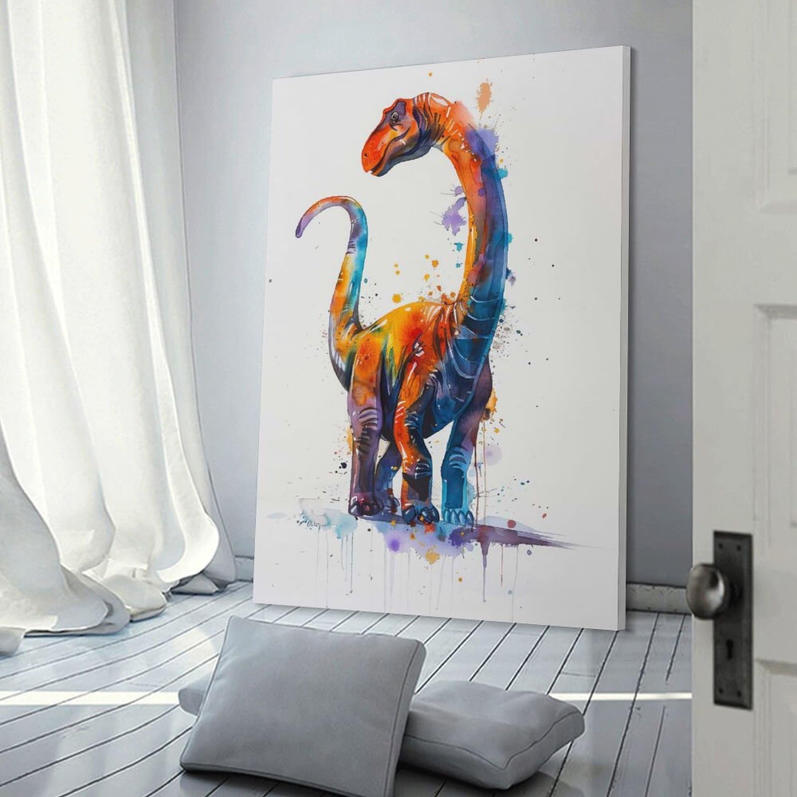 Junmoney Apatosaurus Watercolor Canvas Wall Picture 24x36inch(60x90cm), for Contemporary Homes, Apartments Or Offices, Wall Decor with Flexible Room Appeal