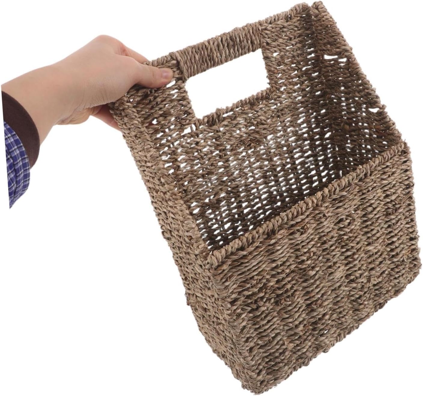 Angoily Handwoven Woven Magazine Holder Wall Mounted Storage Basket with Built-in Handle for Files and Mail, Slanted Opening Organizer for Home Office and Hallway, Beige Grass Material,
