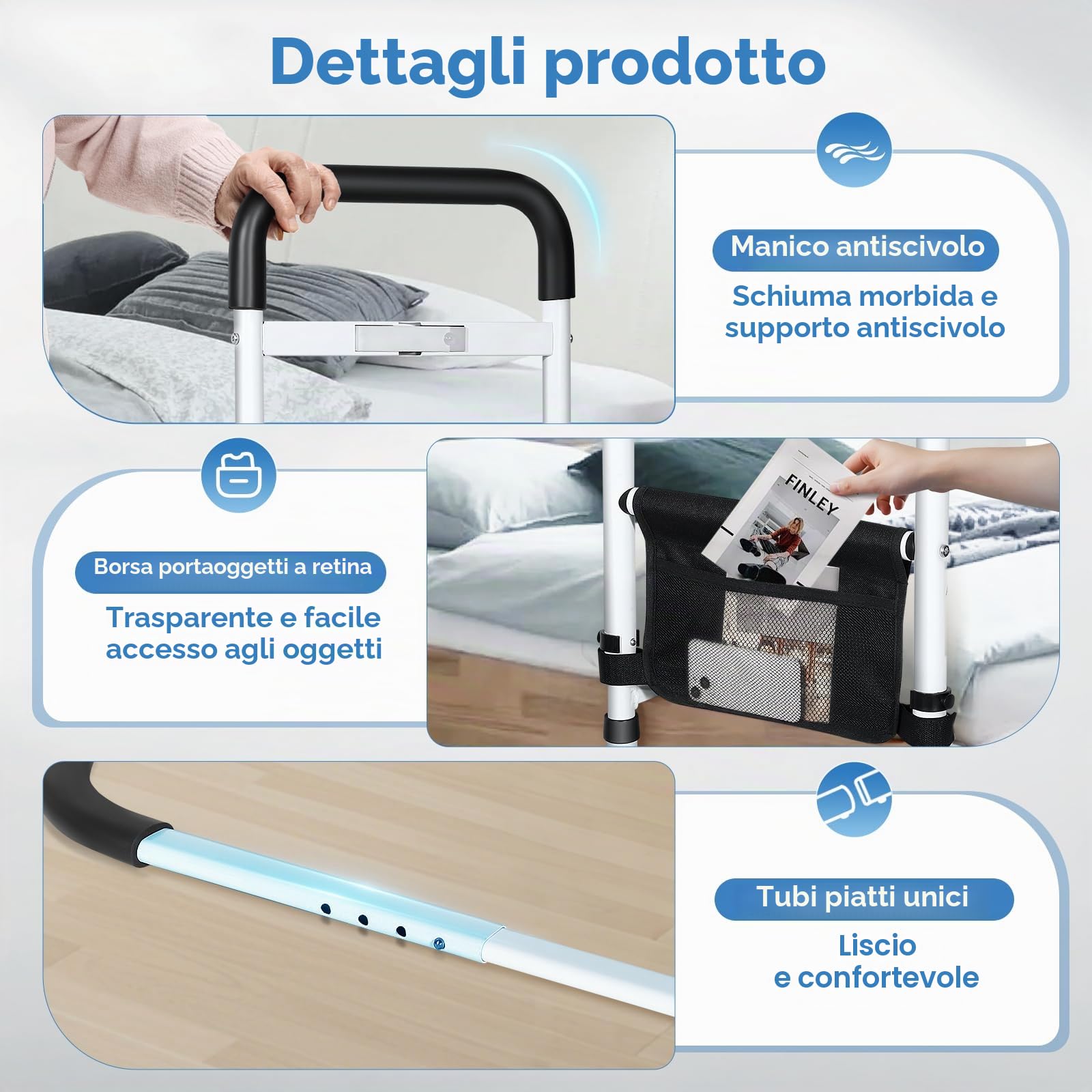 Griglia da letto per adulti anziani con lampada, manico antiscivolo regolabile, telaio in acciaio stabile, facile da installare, custodia per riporre – sicurezza e supporto per anziani