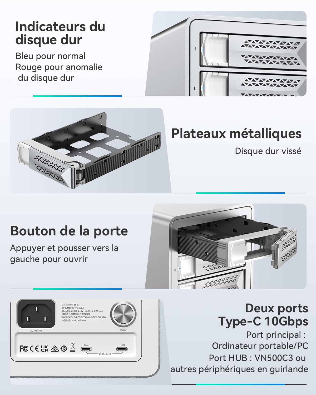 Yottamaster 5 Baies Disque Dur Boîtier, DAS 5 Bay 10Gbps Daisy-Chain, Boîtier DAS USB C en Aluminium Supportant 120 to (5x24 to), Max Jusqu'à 360 to pour 2.5"/3.5" SATA HDD/SSD (sans Disque)