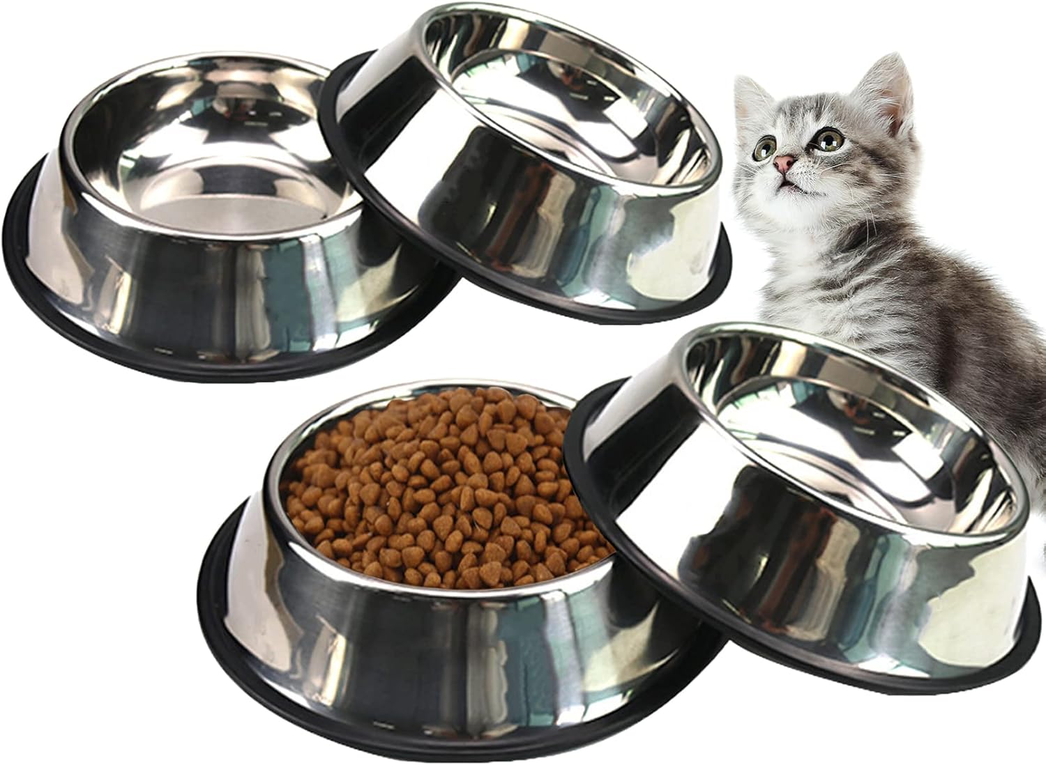 Fhiny 4PCS Stainless Steel Cat Bowls, NonSlip Cats Water