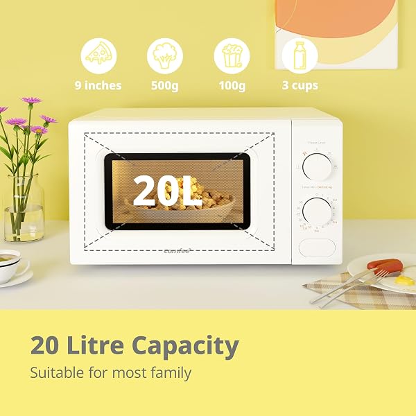 COMFEE' 700W 20L White Microwave Oven With 5 Cooking Power Levels, Quick Defrost Function, And Kitchen Manual Timer - Compact Design CM-M202CC(WH) - 2