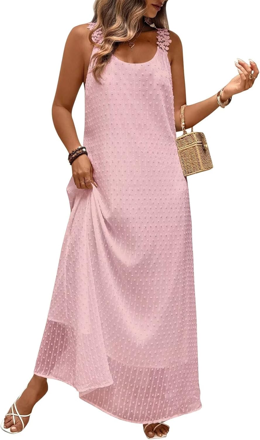 Falechay Summer Dresses for Women 2026 Beach Lace Spaghetti Strap Maxi Wedding Guest Dress Boho Crewneck Vacation Sundress