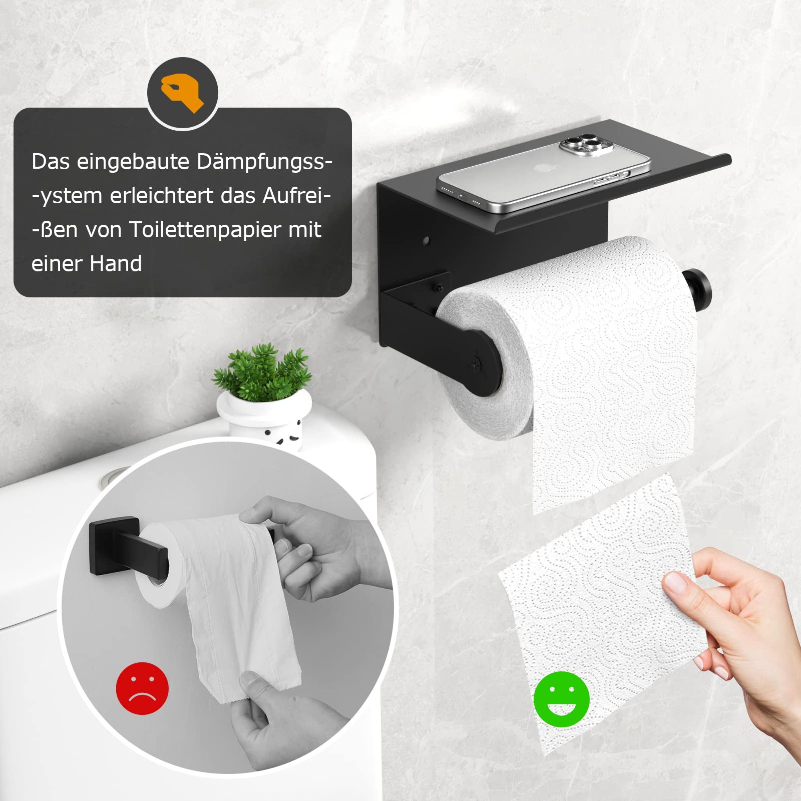 SDH Toilettenpapierhalter Mit Ablage – Aus Aluminium, Schwarz, Modern Mit Handyablage