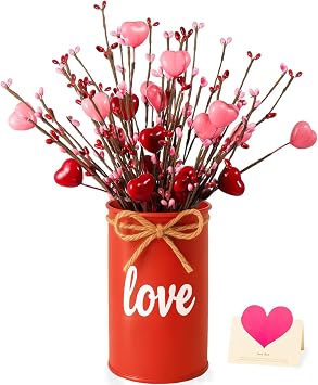 Valentine & Galentines Day Table Centerpiece Decor, Artificial Heart Flower Stems with Metal Pots, Valentines Galentines Day Home Office Decorations Gift with Card Red
