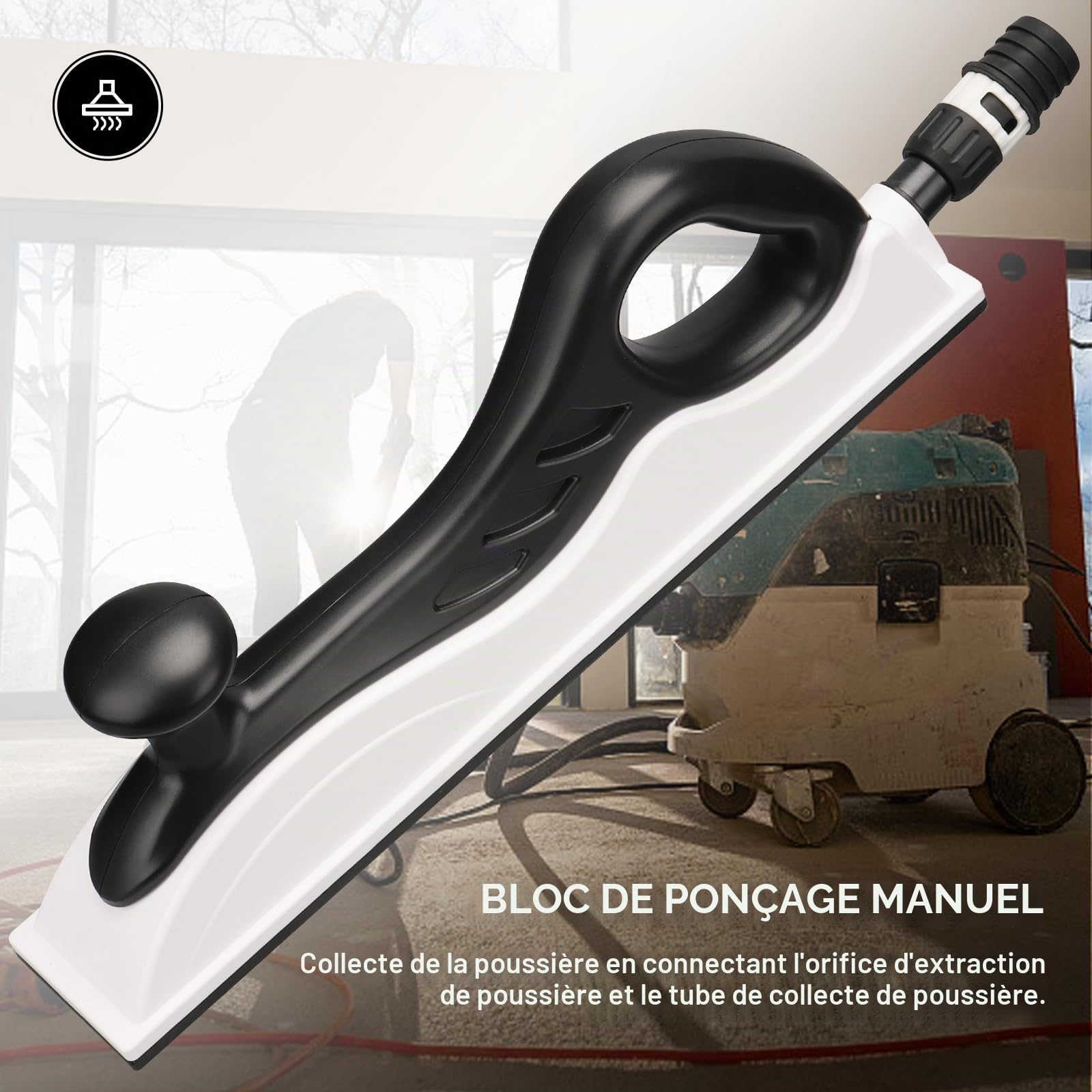 Ponceuse manuelle avec aspiration, 400 x 70 mm, longueur supplémentaire, avec 5 bandes abrasives en maille grain P80, P120, P180, P240, P400, ponçage sans poussière