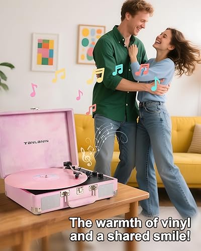 Miniatura 7 de Tocadiscos de vinilo de acuarela con control de agudos y graves, tocadiscos portátiles vintage de 3 velocidades con Bluetooth con altavoces