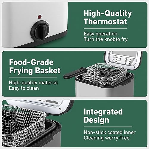 Miniatura 5 de Freidora Eléctrica de Aceite de Acero Inoxidable de 1000 W - Freidora Eléctrica de Aceite 2.5L Freidora de Temperatura Ajustable con Canasta,