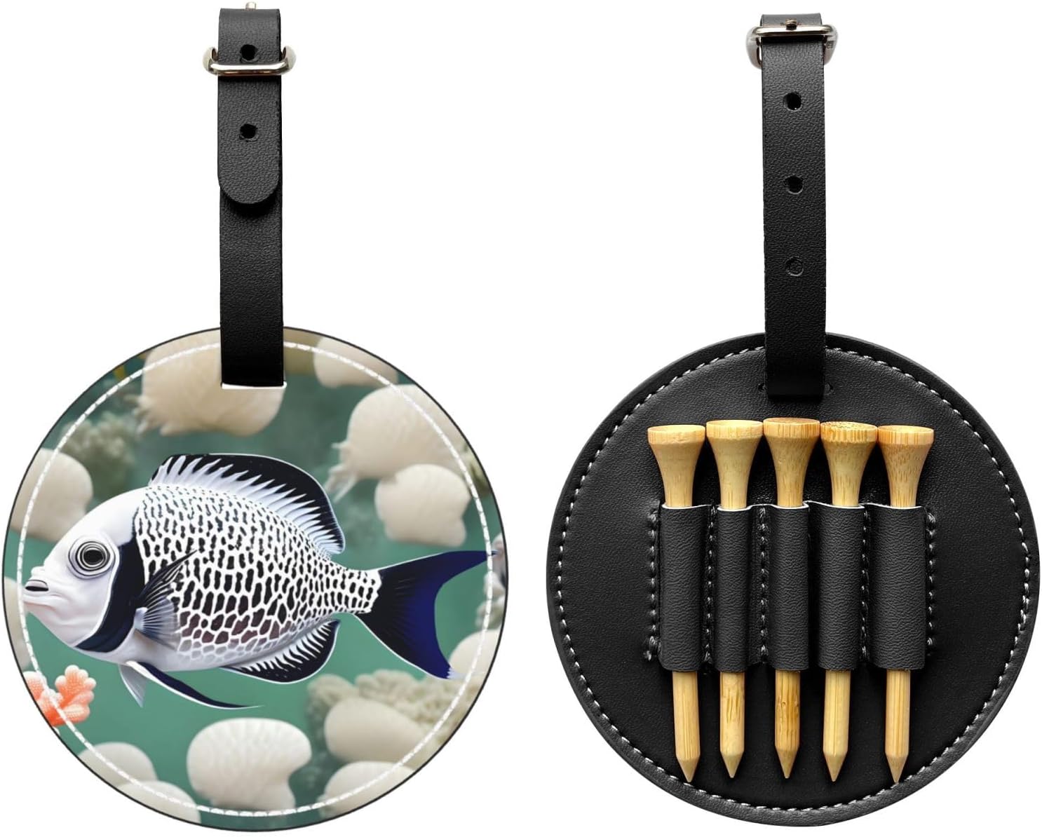 White Tropical Fish Black Printed Golf tee Storage Bag - for Men only, Durable PU Material, Easy to Carry, Enhance The Golf Experience