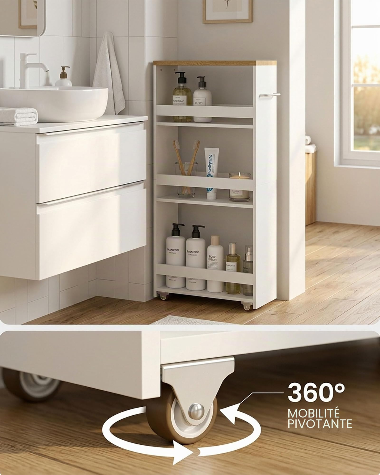 Desserte Salle de Bain à roulettes 40 x 14 x 80 cm Meuble Étroit 3 Niveaux Chariot de Rangement pour Salle de Bain Petit Espace Blanc Bois