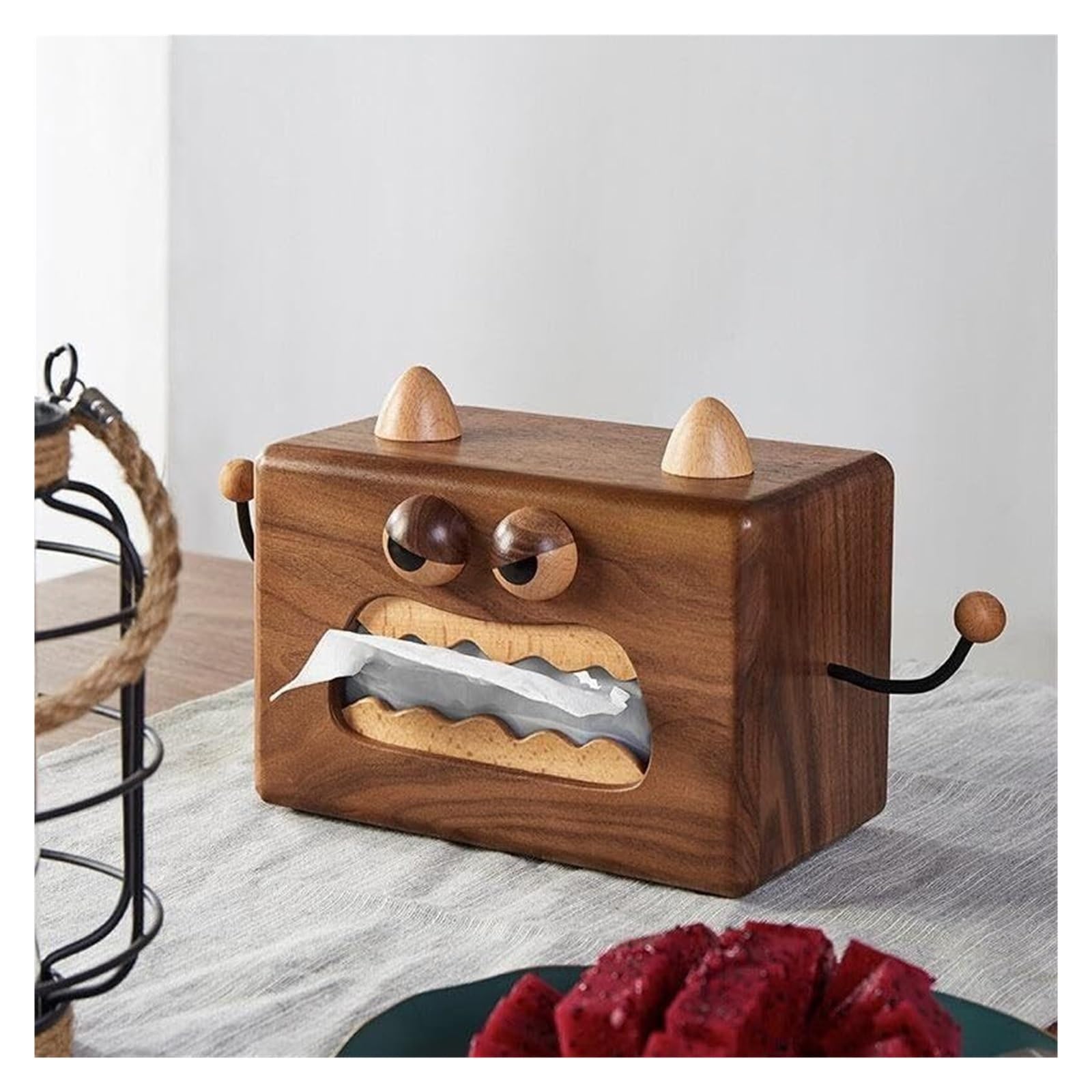 Pudełko na chusteczki dekoracyjne pudełko na serwetki z tkaniny Monster Drewniane pudełko na serwetki pudełko na papier bukowy, czarny orzech estetyczny wystrój domu