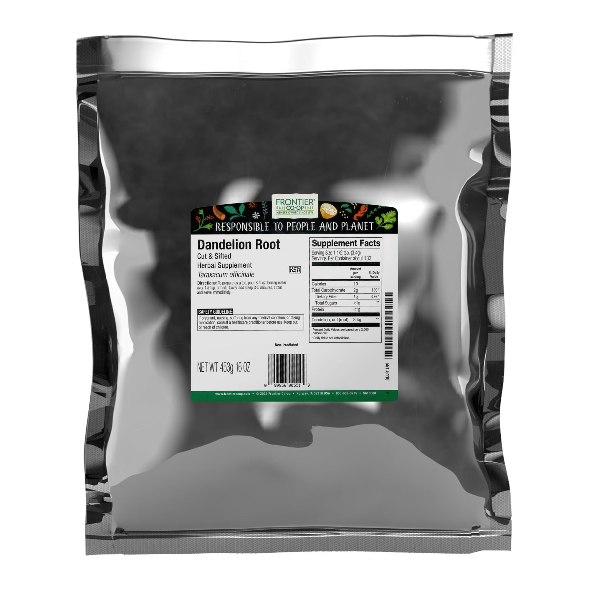 Frontier Co-op Cut & Sifted Dandelion Root Bulk Bag - Caffeine-Free Coffee Alternative, Perfect for Making Dandelion Root Tea, Powder & Capsules | 16 Ounce (Pack of 1)