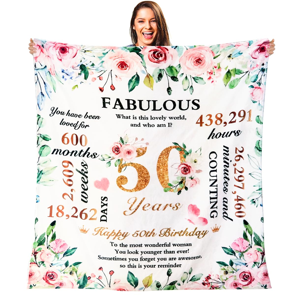 50th Birthday Gifts For Women, Throw Blanket For 50th Birthday, 50th Birthday Decorations, 50"x60" Soft Flannel Blanket, 50th Birthday Gift for Her, Wife, Sister, Friend, White