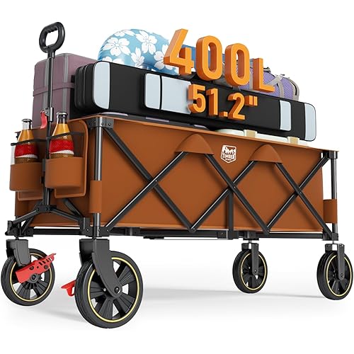 TIMBER RIDGE 51.2'' Extended Collapsible Wagon Cart with Brakes and Cargo Net, 350LBS Heavy Duty Foldable Utility Wagon with Adjustable Handle, 400L Capacity Portable Cart for Camping Sports Shopping