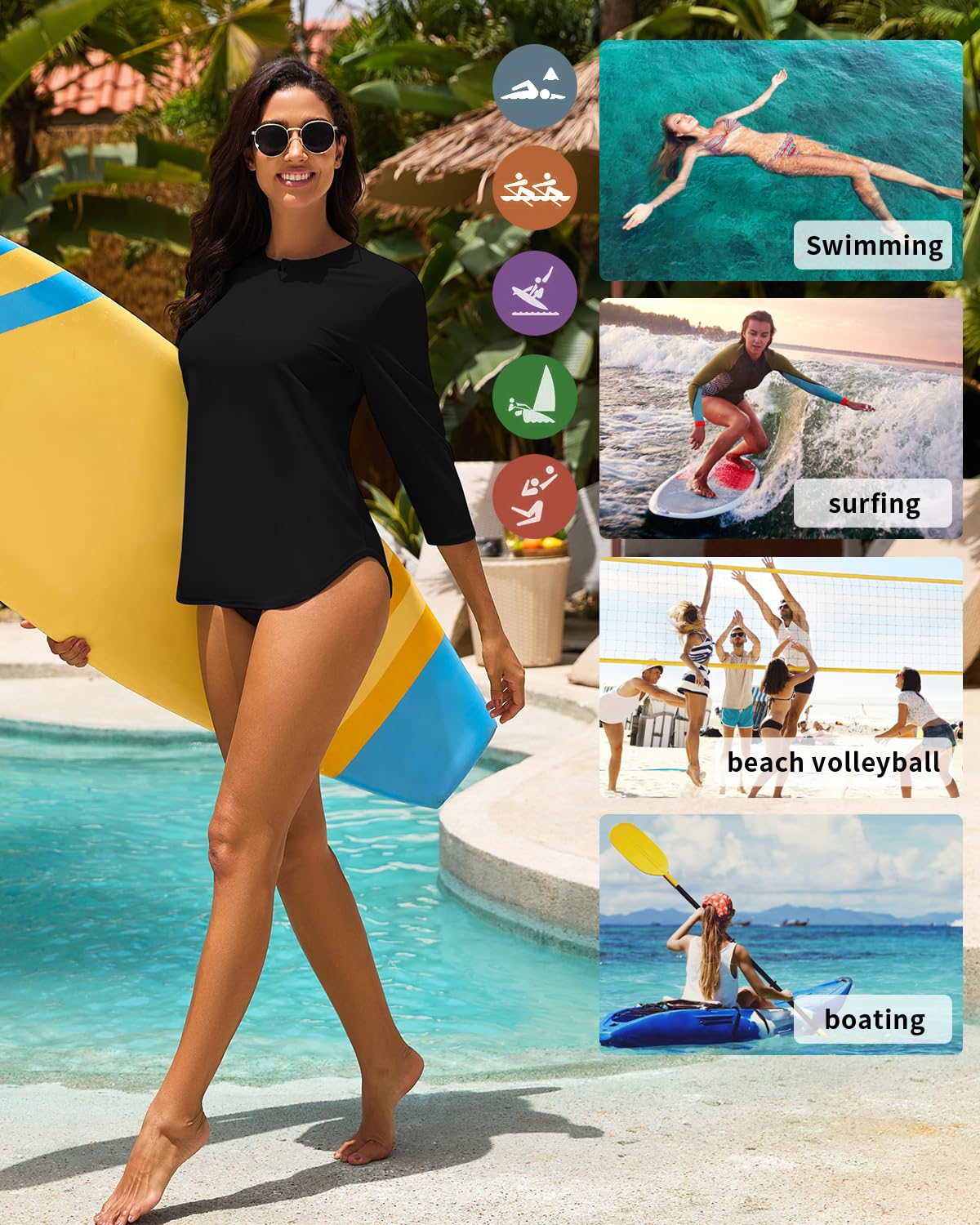 WOWENY Haut de Maillot de Bain Tee Shirt Anti UV Femme Rashguard Manches 3/4 avec Fermeture Éclair 1/4 UPF 50+ Séchage Rapide pour Sports Nautiques Surf Plage