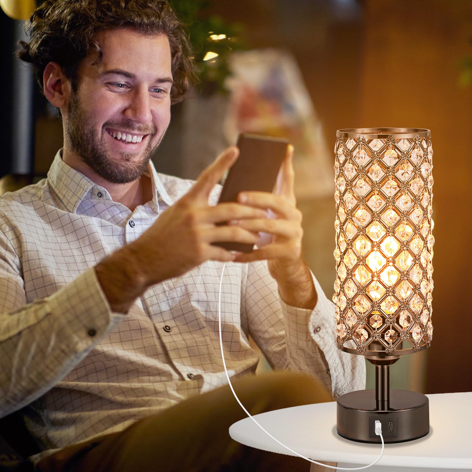 Hong-in Crystal Table Lamp, Black Crystal Lamp with USB C+A Ports, 3 Way Dimmable Light with Crystal Lampshade, Bedside Lamp Small Touch Light for Living Room Bedroom, Charge Phone (Bulb Included)