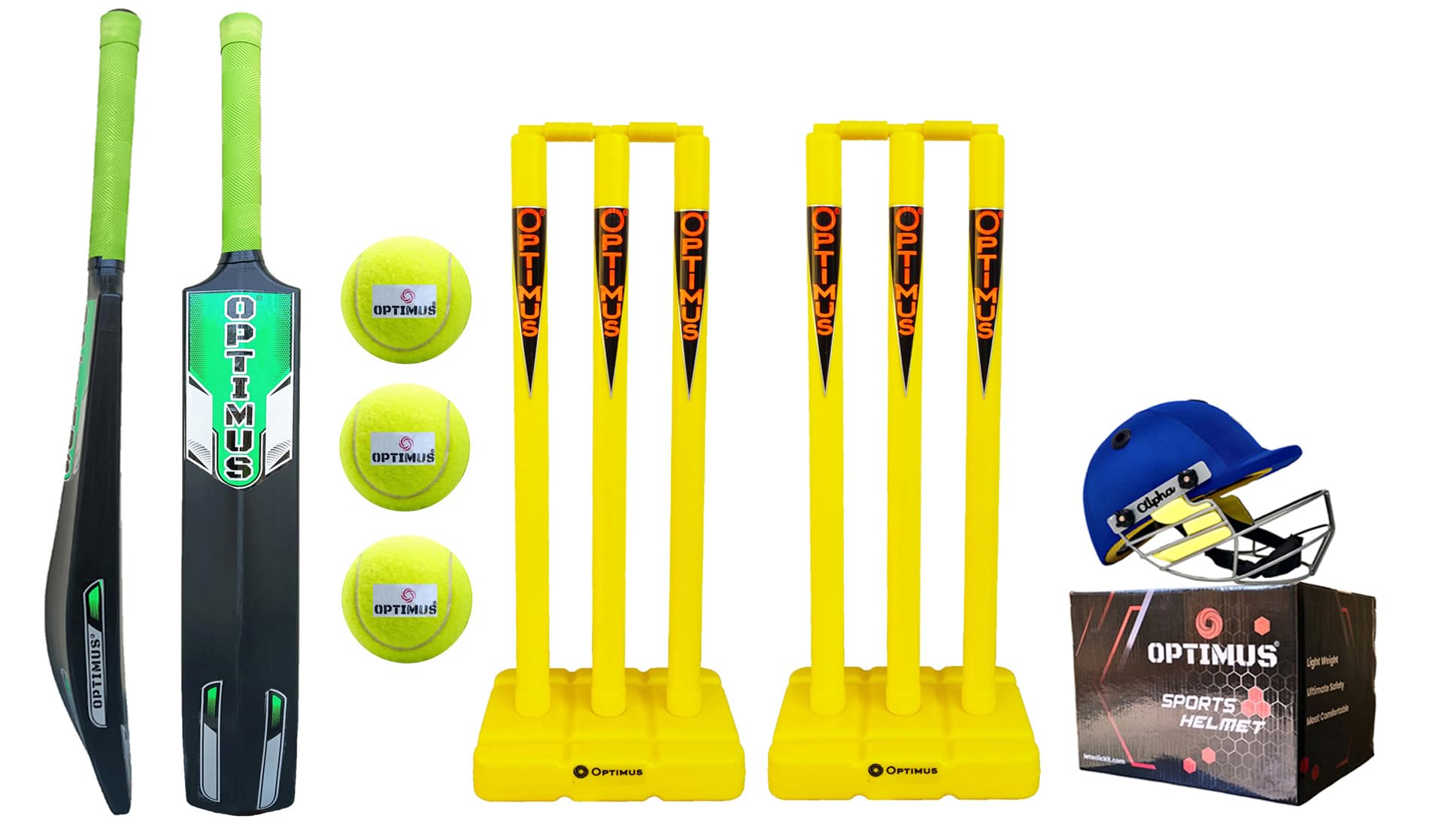 Optimus® Cricket Kit Combo Set - 1 Plastic Bat 8 No. - 13 to 14 Yrs Age, 3 Cricket Tennis Ball, 30 Inch Plastic Stump Set 6 Pcs 4 Bails With 2 Base & 1 Helmet Medium Head Size 54-58 cm - Green Alpha B (B0CL6GHVF4) Amazon Price History, Amazon Price Tracker