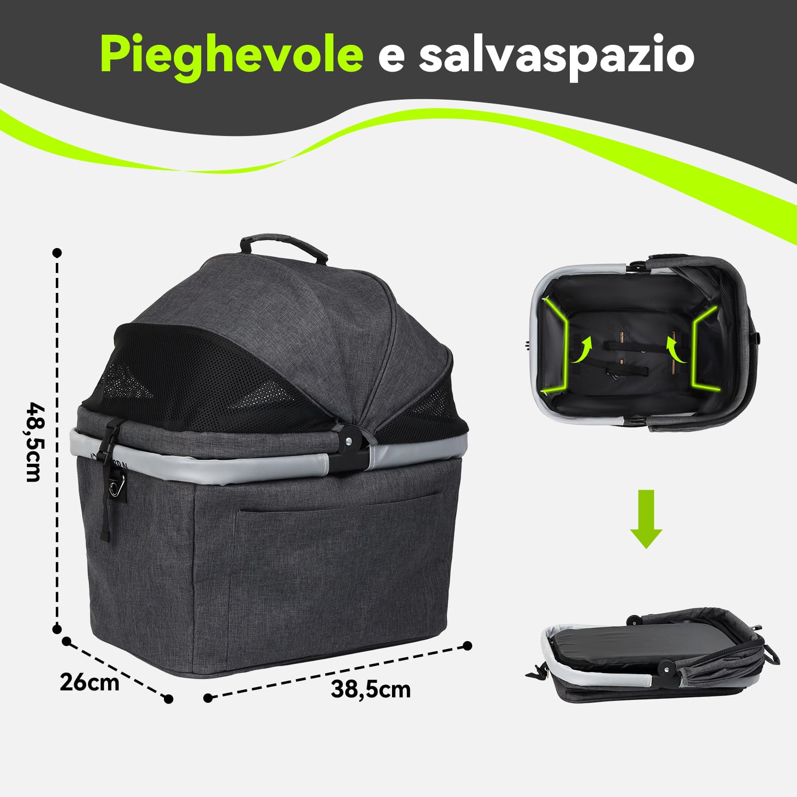 Cestino Posteriore Bicicletta Piegevole per Cani fino a 10KG, Telaio in Metallo, Piastra in PE, Montaggio Rapido per Ø 9-12mm, Finestra a Rete, Cuscinetto Morbido, Bande Riflettenti