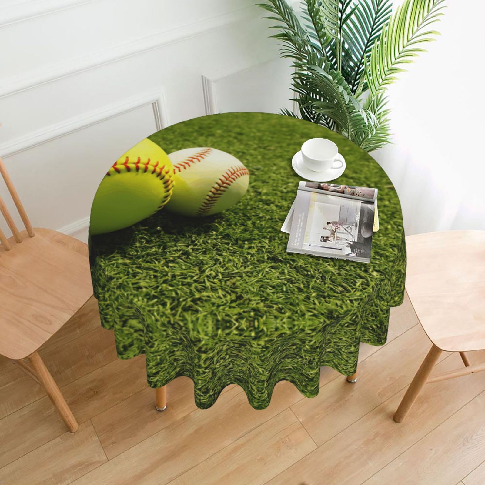 Uusnwaa Grass Baseball Softball Print Round Tablecloth 60 Inch, Stain Wrinkle Resistant Washable Polyester Table Cover For Kitchen Party