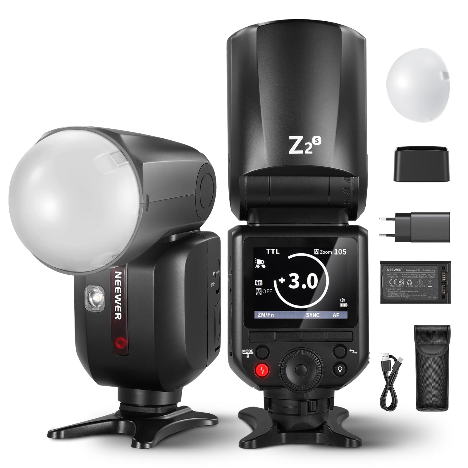 NEEWER Z2-S 2,4G TTL Flash Speedlite Cabeza Redonda para Sony, 76Ws Speedlight con Dome Difusor, UI Mejorada, TTL/M TCM Tecla,2 Lámpara Modelado 1/8000s HSS 7,4V/2600mAh Batería 480 Potencia Completa