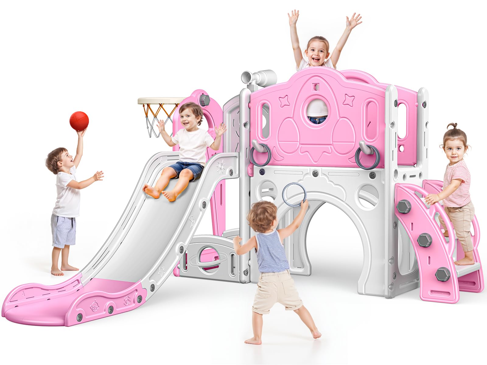 Naxudcoo Kids Slide: Large Toddler Slide With Basketball Hoop, Pink Slides For Toddlers Age 1-3 Toddler Climber Slides Playset With Storage Space, Indoor Outdoor Toy For Toddlers 1-3 Year (Large) โ image 1