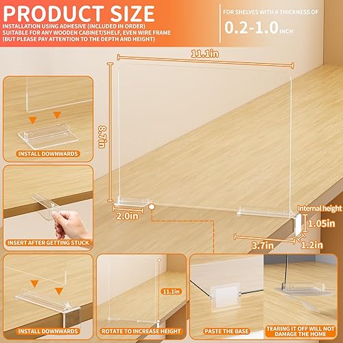 Miniatura 3 de Yieach Paquete de 6 separadores de estantes acrílicos para organización del armario, altura ajustable, separadores transparentes para toallas,