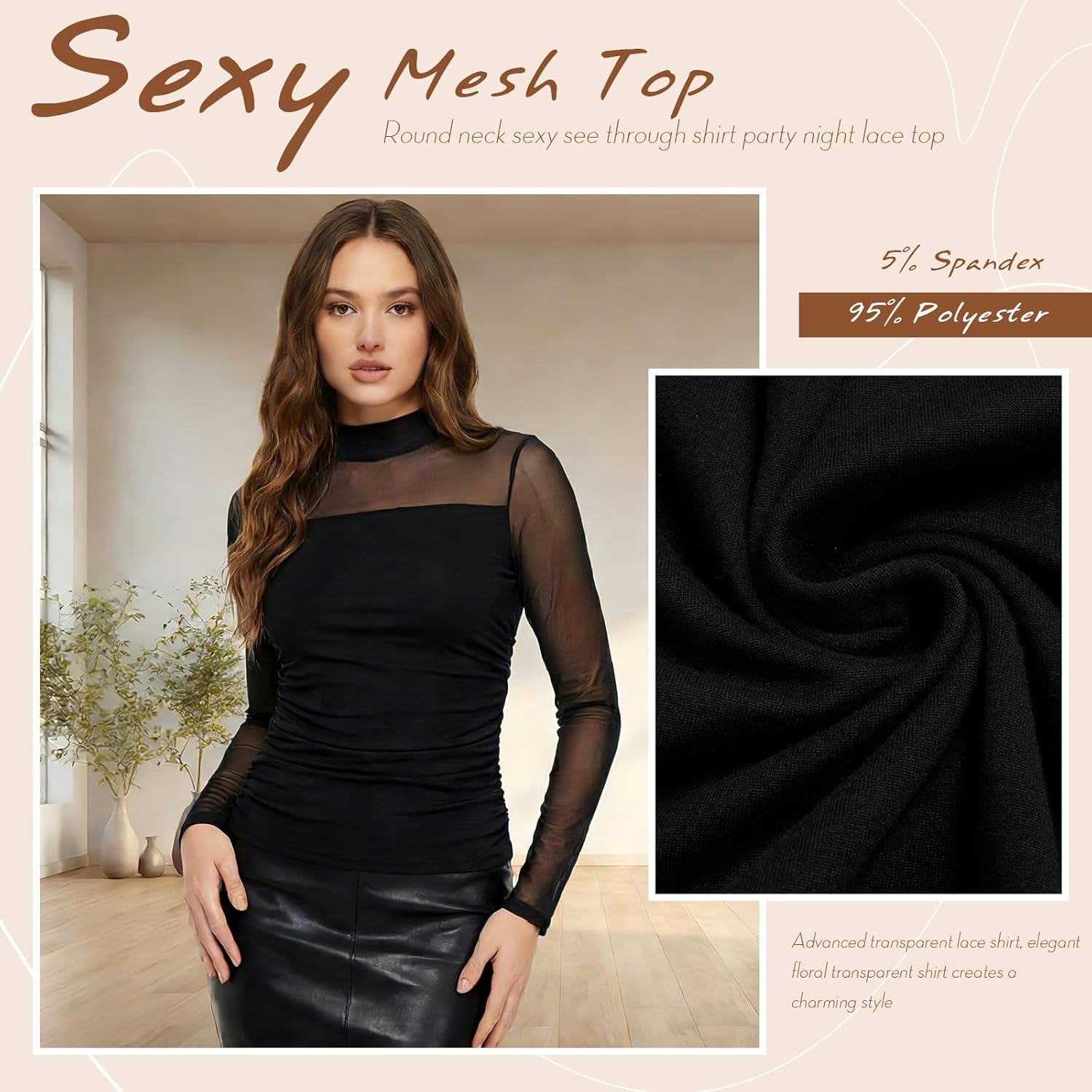 Capoda 3 Pack Women Sheer Mesh Tops Long Sleeve Mock Turtle Neck Shirts Ruched Fitted Blouse Trendy Going Out Party Clubwear - Image 4
