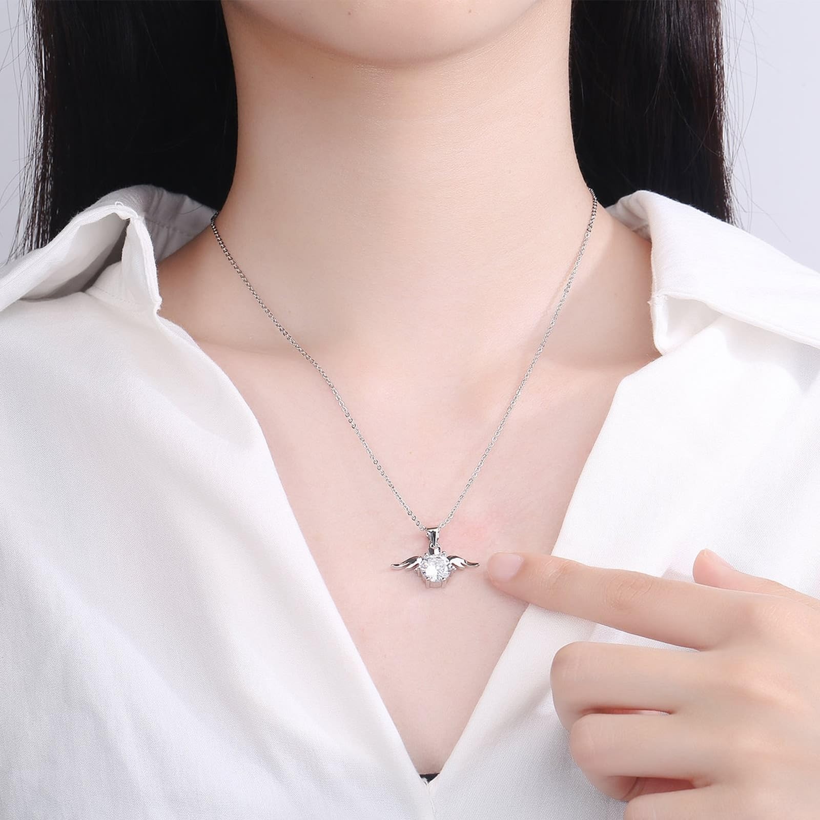 Białe złoto 14K Au585 łańcuszek damski, laboratoryjnie stworzony diament skrzydła anioła, damski naszyjnik, prezent, złoty 585 łańcuszek damski, prawdziwa biżuteria, 45 + 5 cm