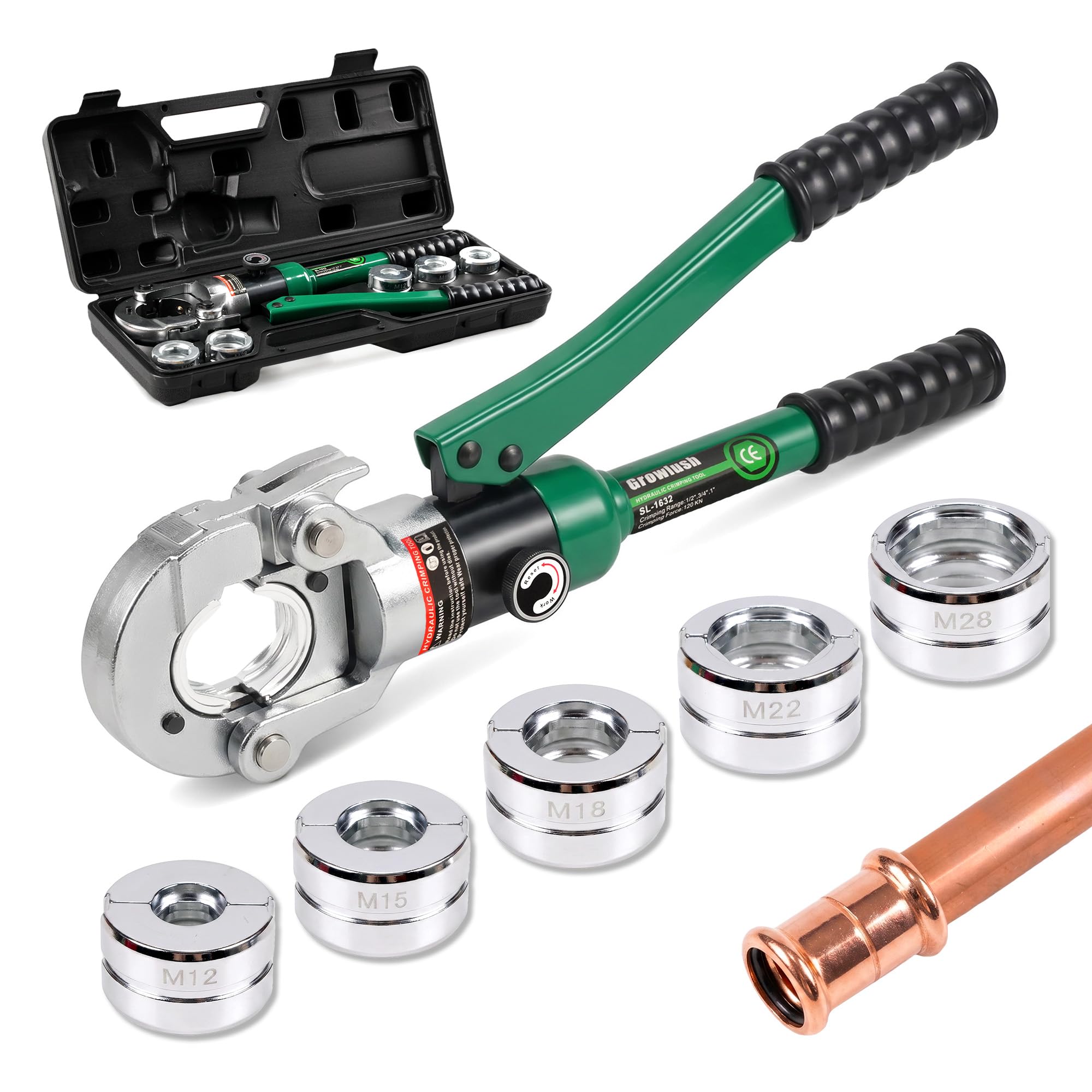 Growlush Press Copper Pipe Tool with 5 Dies: M12 M15 M18 M22 M28
