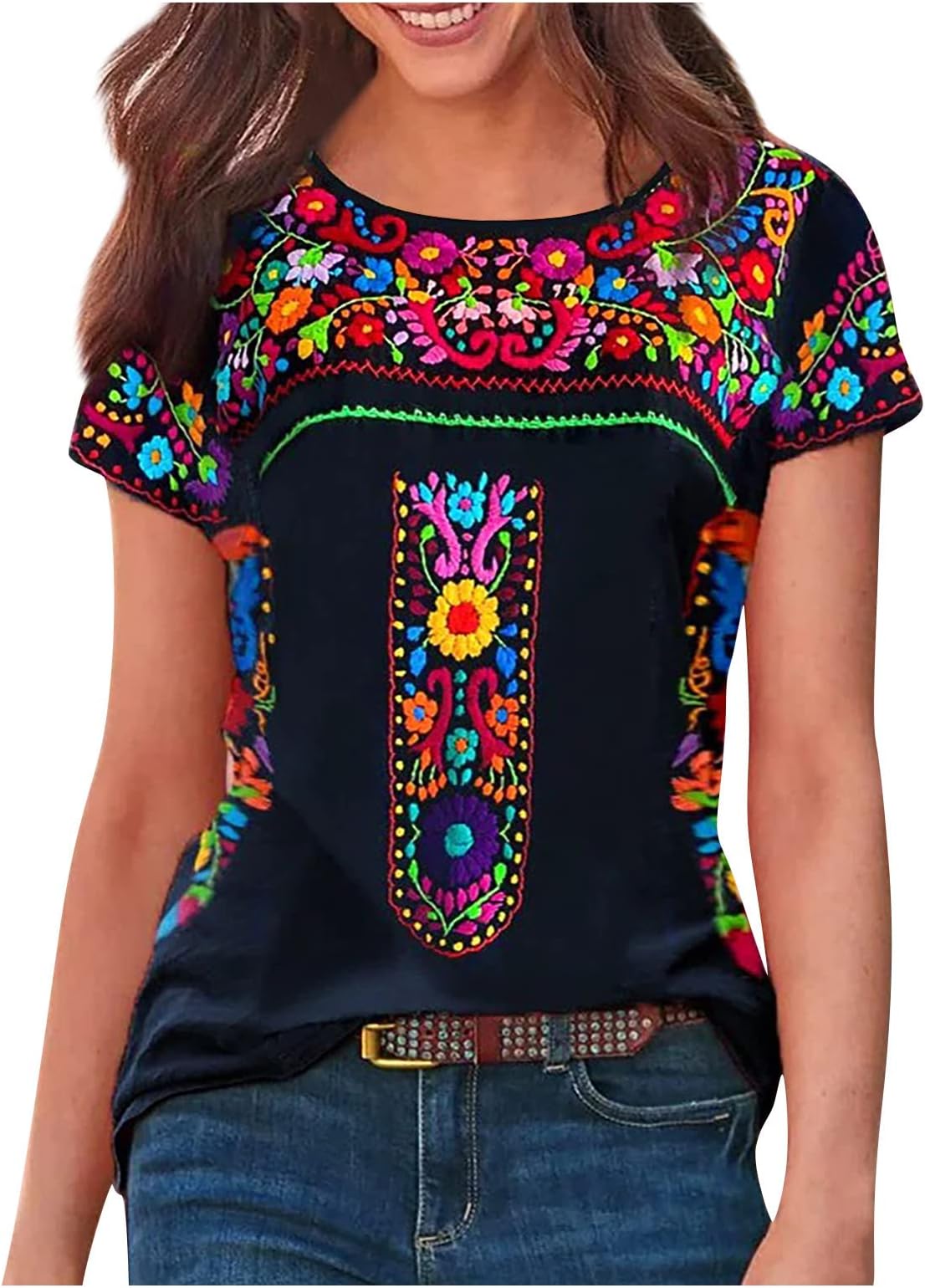 Womens Embroidered Western Shirt Crew Neck Mexican Boho Embroidered Tops Short Sleeve Ethnic Style T Shirts