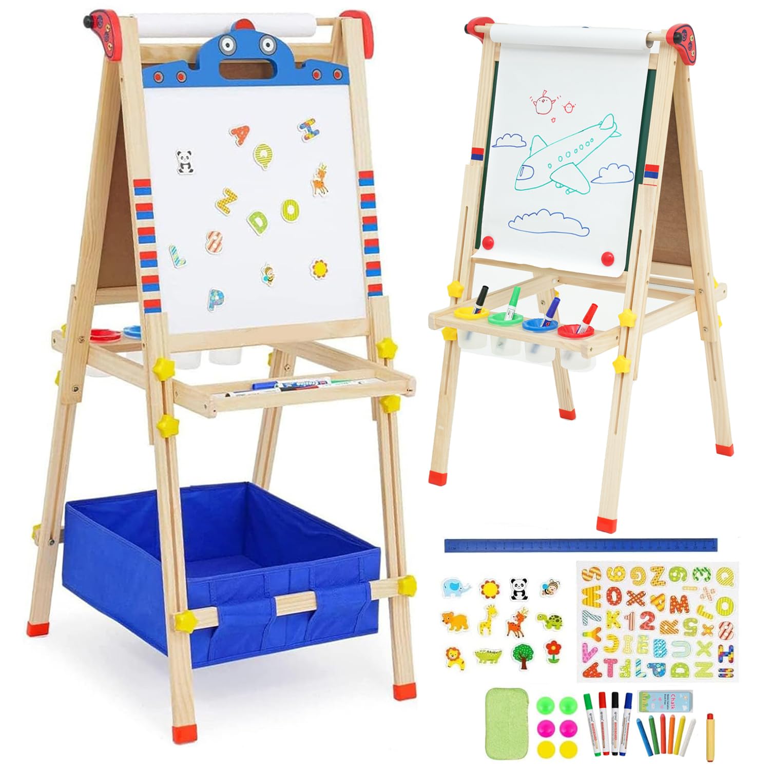 Kids Easel with Paper Roll Double Sided Chalkboard Whiteboard Height Adjustable Toddler Wooden Art Easel Drawing Board with Large Storage Tray Bag Painting Accessories Ideal Children Gifts