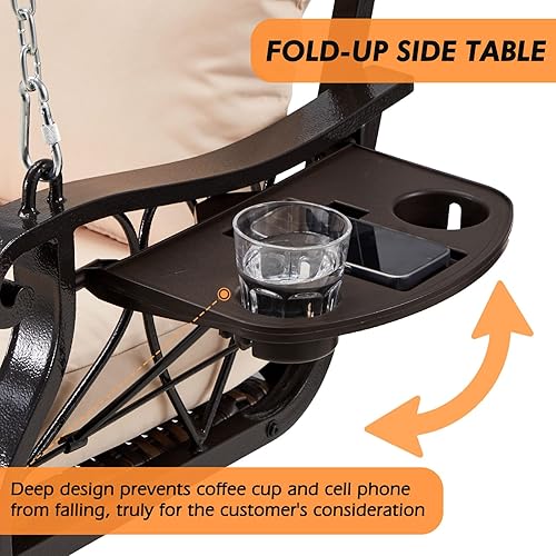 Miniatura 3 de Silla columpio de mimbre para 3 personas, resistente de 900 libras, silla columpio de ratán para exteriores con soporte para tazas y cadenas de