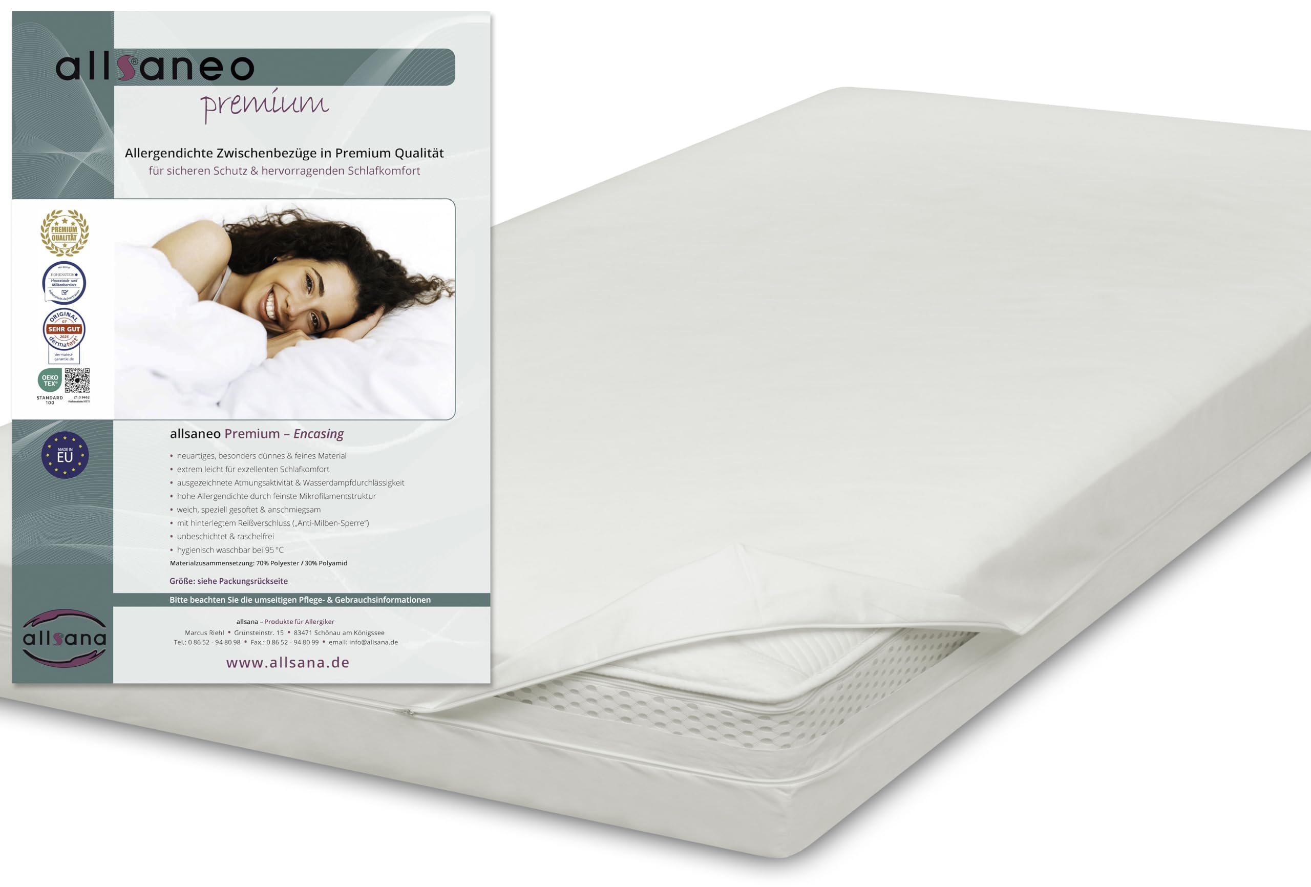 allsaneo Premium Allergiker Matratzenbezug 140x200x24 cm | Allergie Bezug extra weich und leicht | Anti Milben Encasing | Milbenschutz | allergendichter Zwischenbezug | Hohenstein Zertifiziert