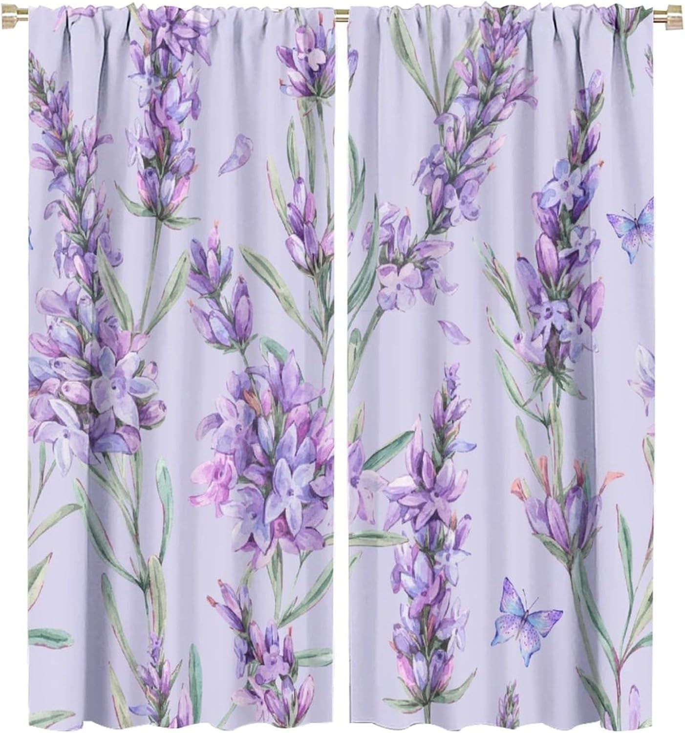 HZOHNAGO Lavender Flower Curtain Watercolor Purple Floral Green Leaves Butterfly Pattern Blackout Print Rod Pocket Window Drapes for Bedroom Living Room 42x45in