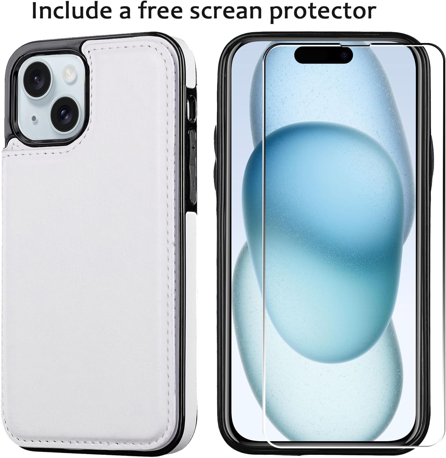 Wallet Case Compatible with iPhone 15,Slim Protective case with Card Holder,Premium PU Leather Kickstand Card Slots Case with 1 Screen Protective Glass for iPhone 15 (6.1")-White - Image 4