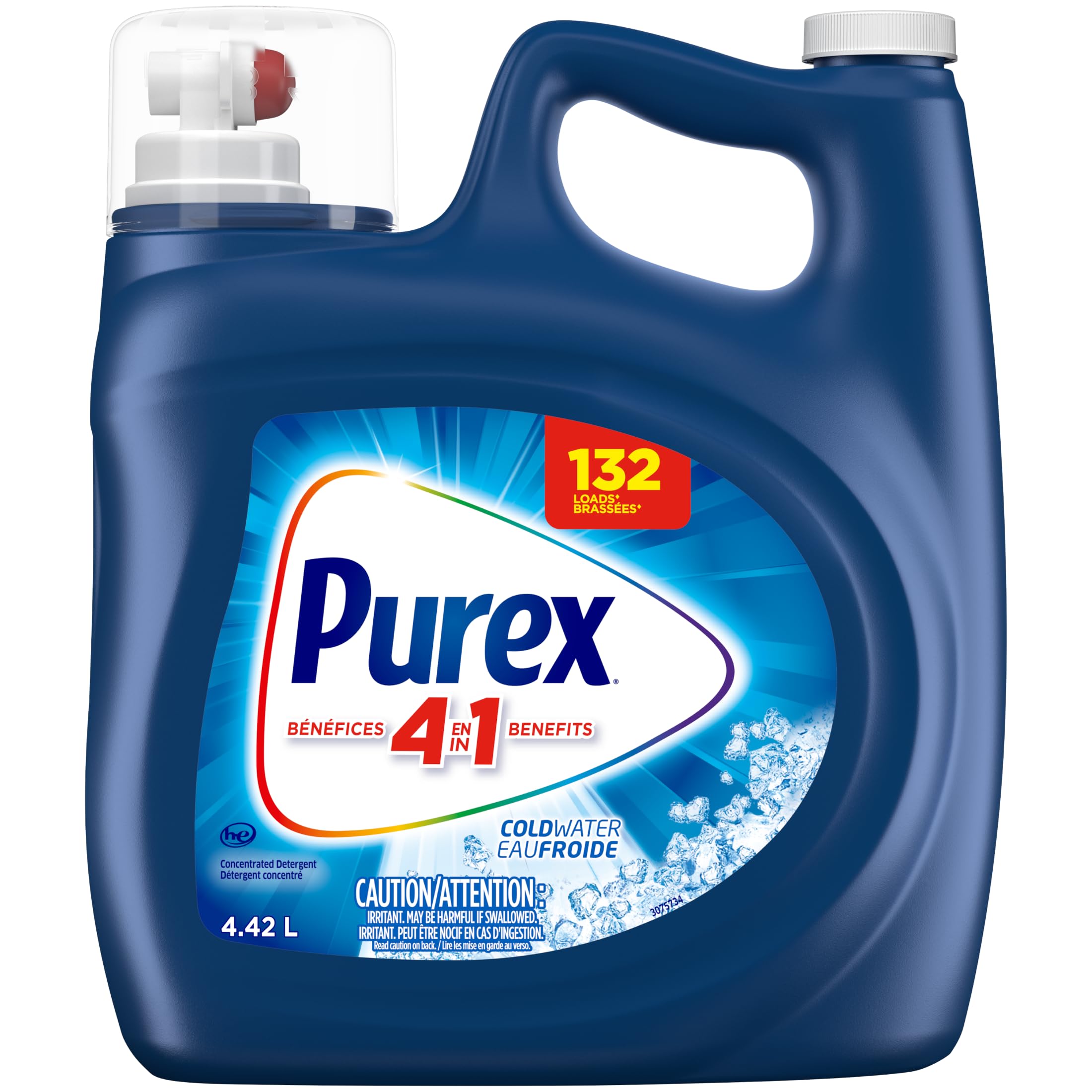 Purex Cold Water, Concentrated Liquid Laundry Detergent with 4in1 benefits, Tough on Stains, Brightens and Whitens Clothes, 4.42L, 132 Wash Loads, HE Compatible - 1