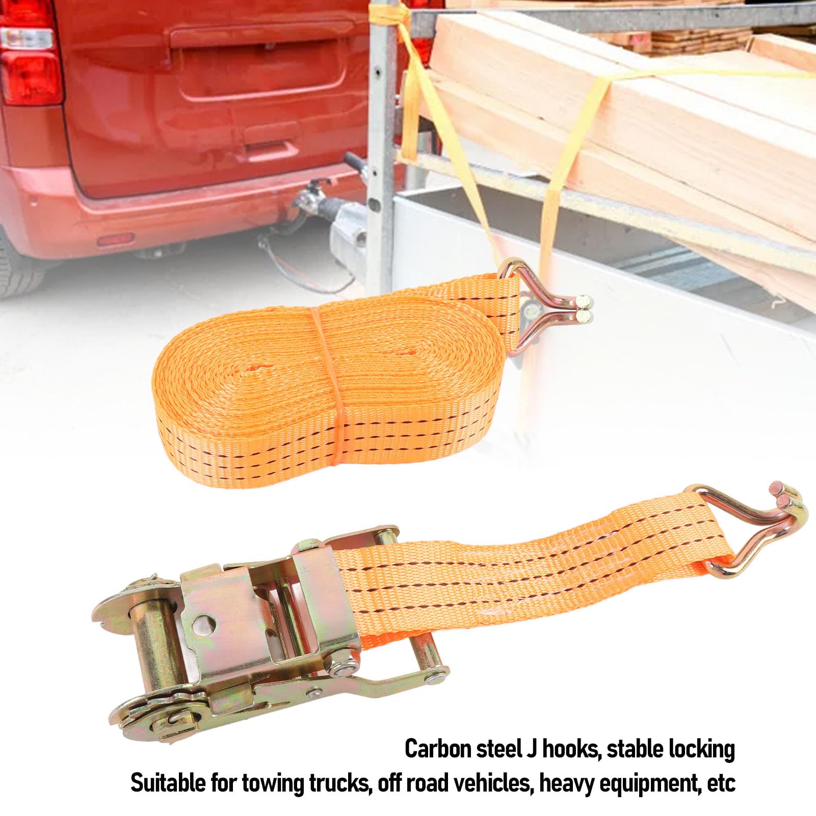 Generic Cinghie di Ancoraggio per Carico Arancione per Carichi Pesanti con Ganci a J Tenditore a Cricchetto da 1,5 Pollici per Camion da Traino, Veicoli Fuoristrada, Cinghie in Nylon da 8 M, Set da 2