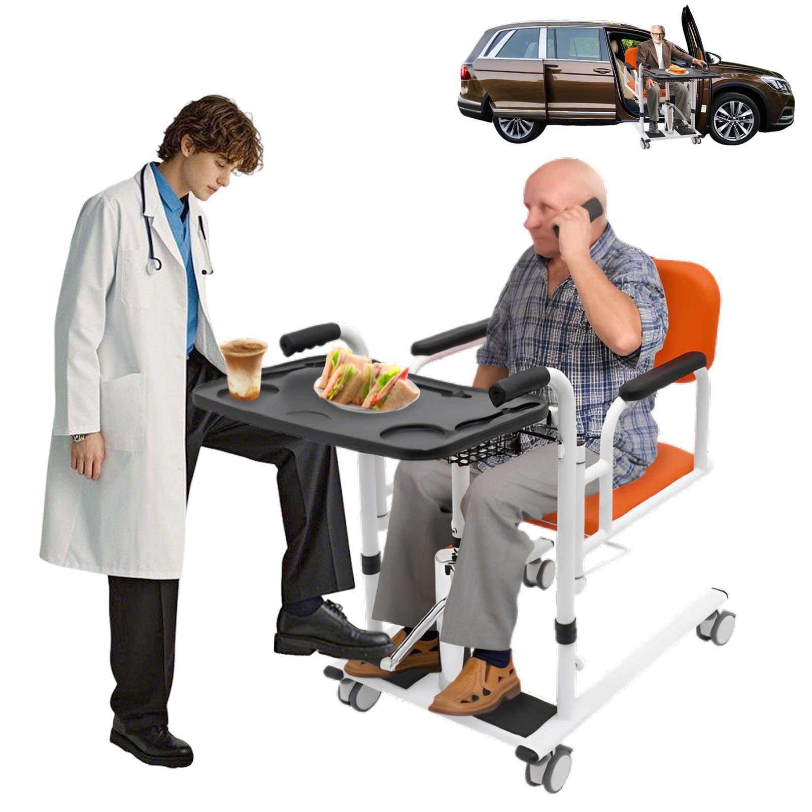 Portable Lift Transfer Chair, 330.7 LBS Hydraulic Patient Lift for Home, Portable Transport Wheelchair, with 180° Split Seat and Potty, Dining Table, Transfer Lift Aid, Height Adjustable (Orange)