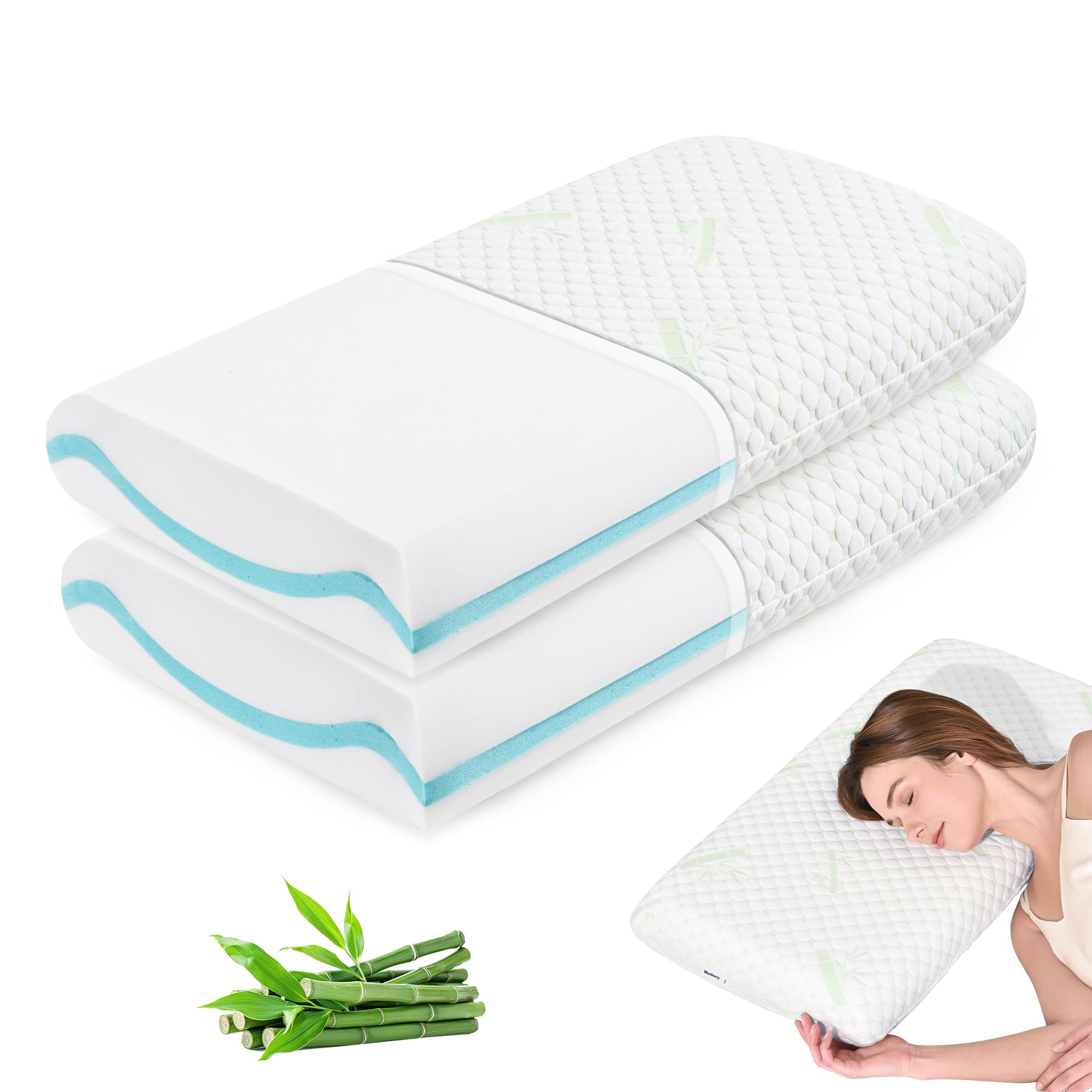 Waxberry 2er Set Gel Memory Foam Kissen 40x80x8 cm, zweiseitiges Kopfkissen in weich & fest, ergonomisches Nackenkissen mit waschbarem Bambusfaser-Bezug, Visco Kissen, Oeko-TEX Zertifiziert