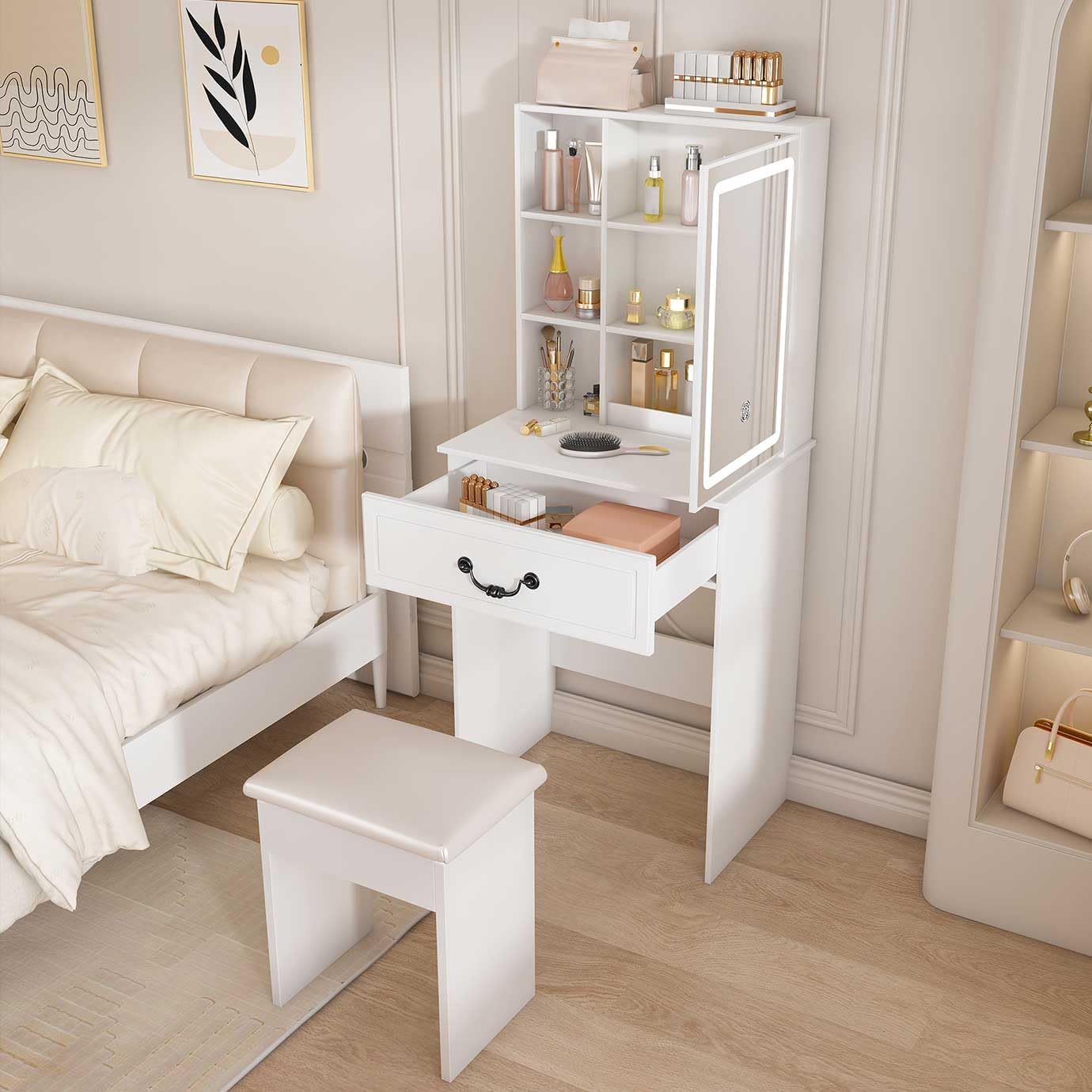Small Vanity Desk with Mirror and LED Lights, Modern White Dressing Table Storage Drawers 6 Shelves, Vintage Handle, Compact Makeup Stool Set for Women Girls Bedroom