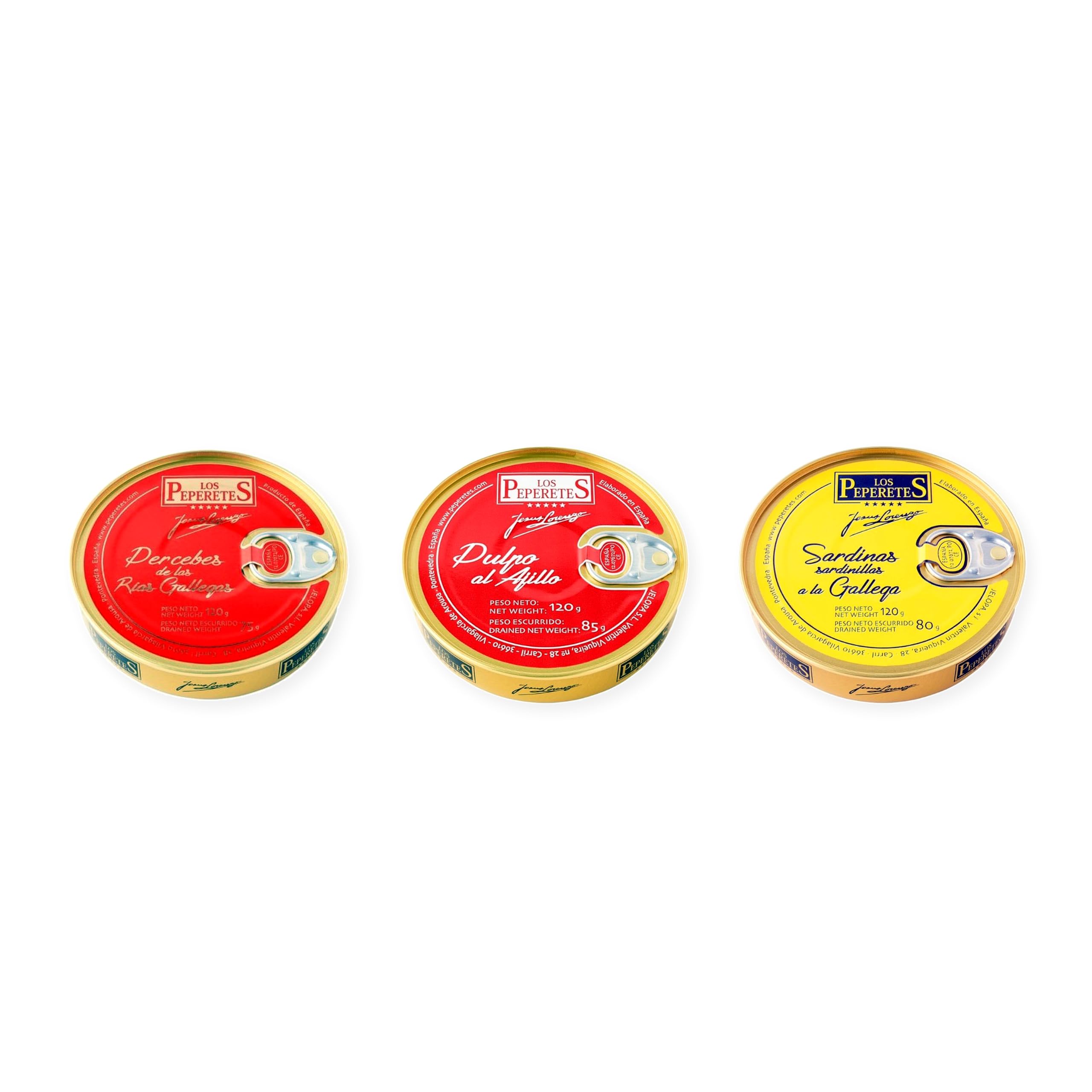 los peperetes conservas Percebes Rías Gallegas, Pulpo Ajillo y Sardinillas Gallega pack 3 latas