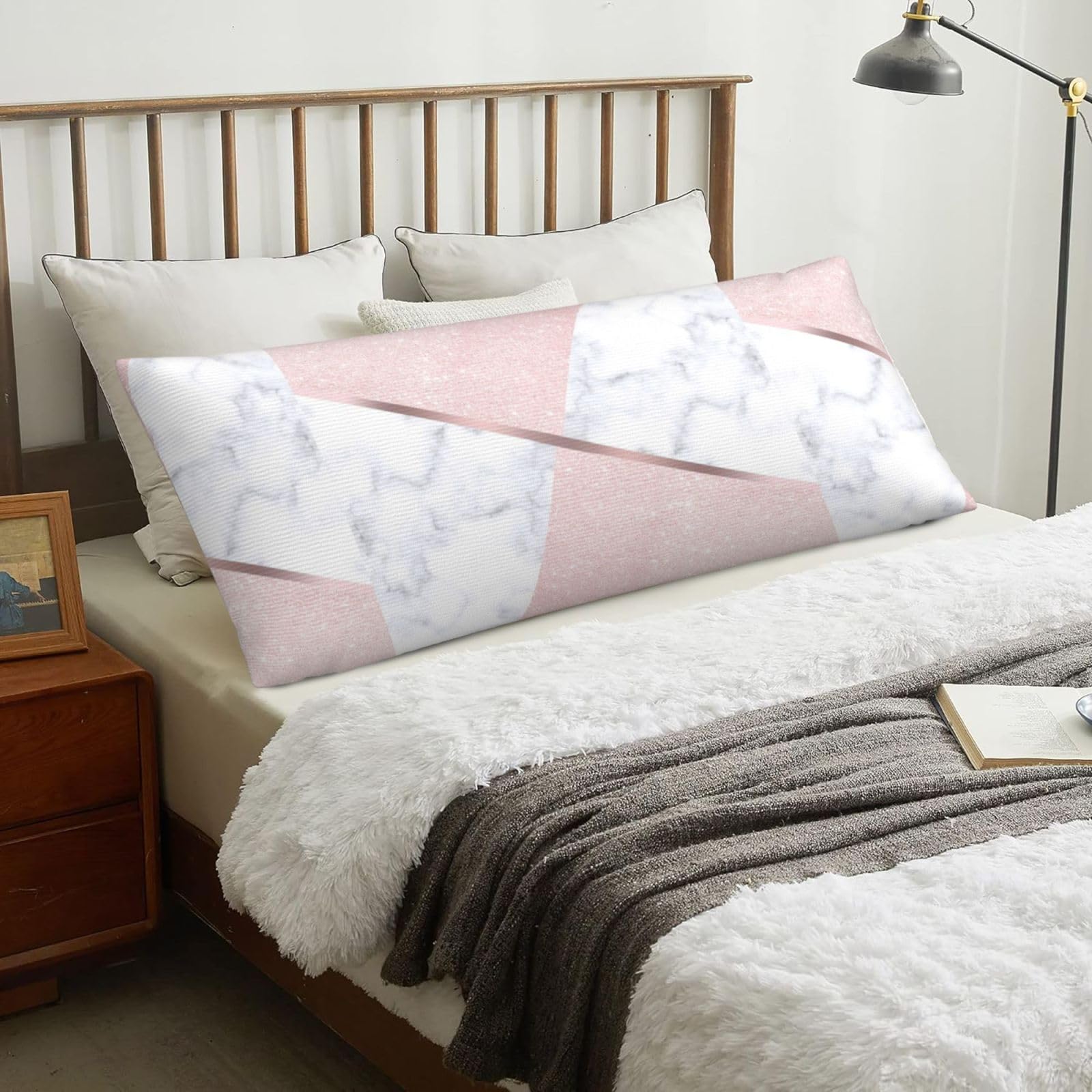 Elegant Girly Rose Gold Glitter & White Marble, Body Pillow Cover with Zipper,Long Body Pillowcase 20 x 60 in