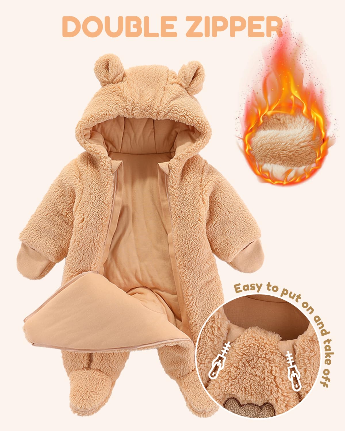 JiAmy Bébé Combinaison de Neige avec Capuche Grenouillère Tenues D'hiver Garçons Filles Bande Dessinée Ourson Barbotteuse Polaire 0-12 Mois