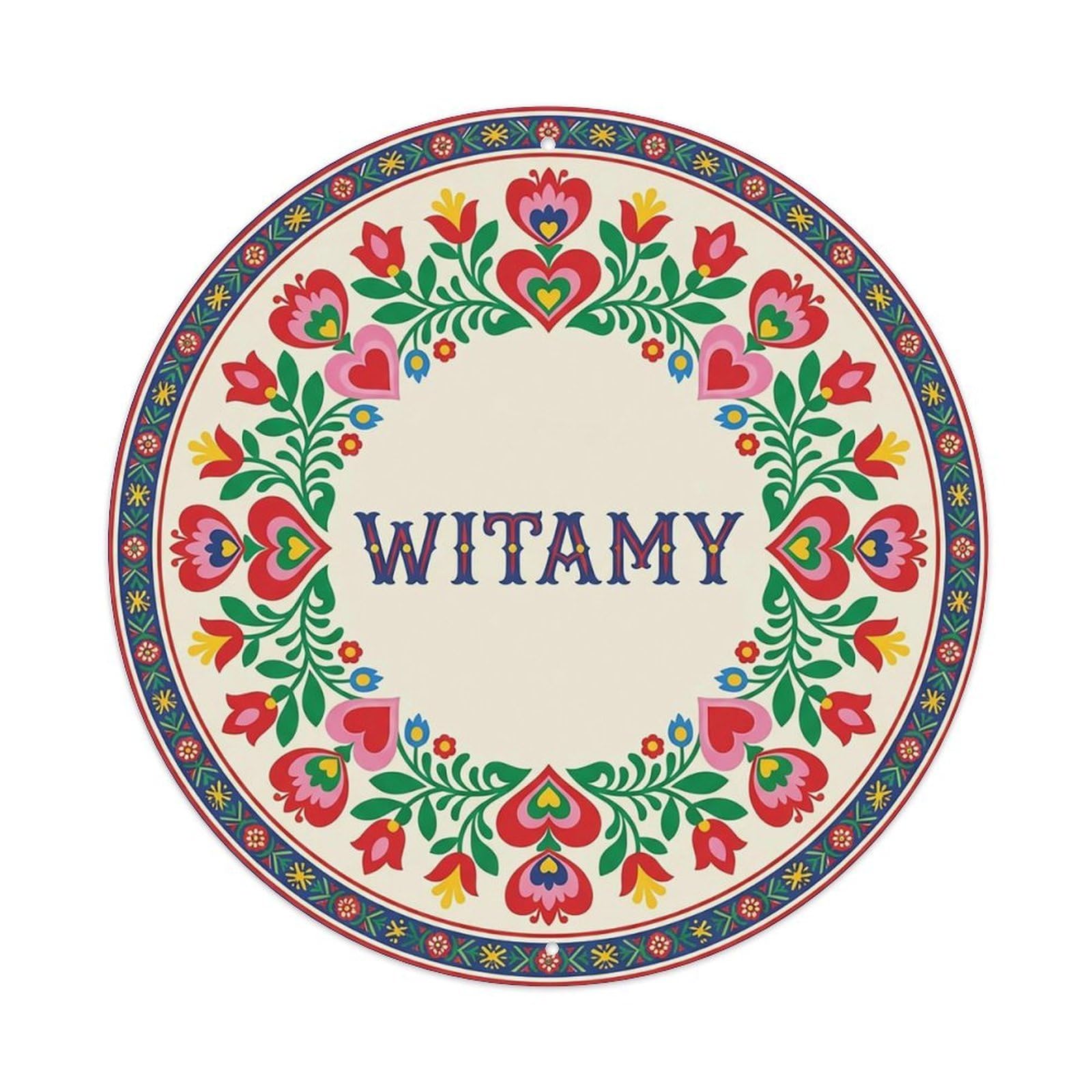 Vintage Polish Folk Art Witamy Welcome Heart Wreath Metal Tin Sign