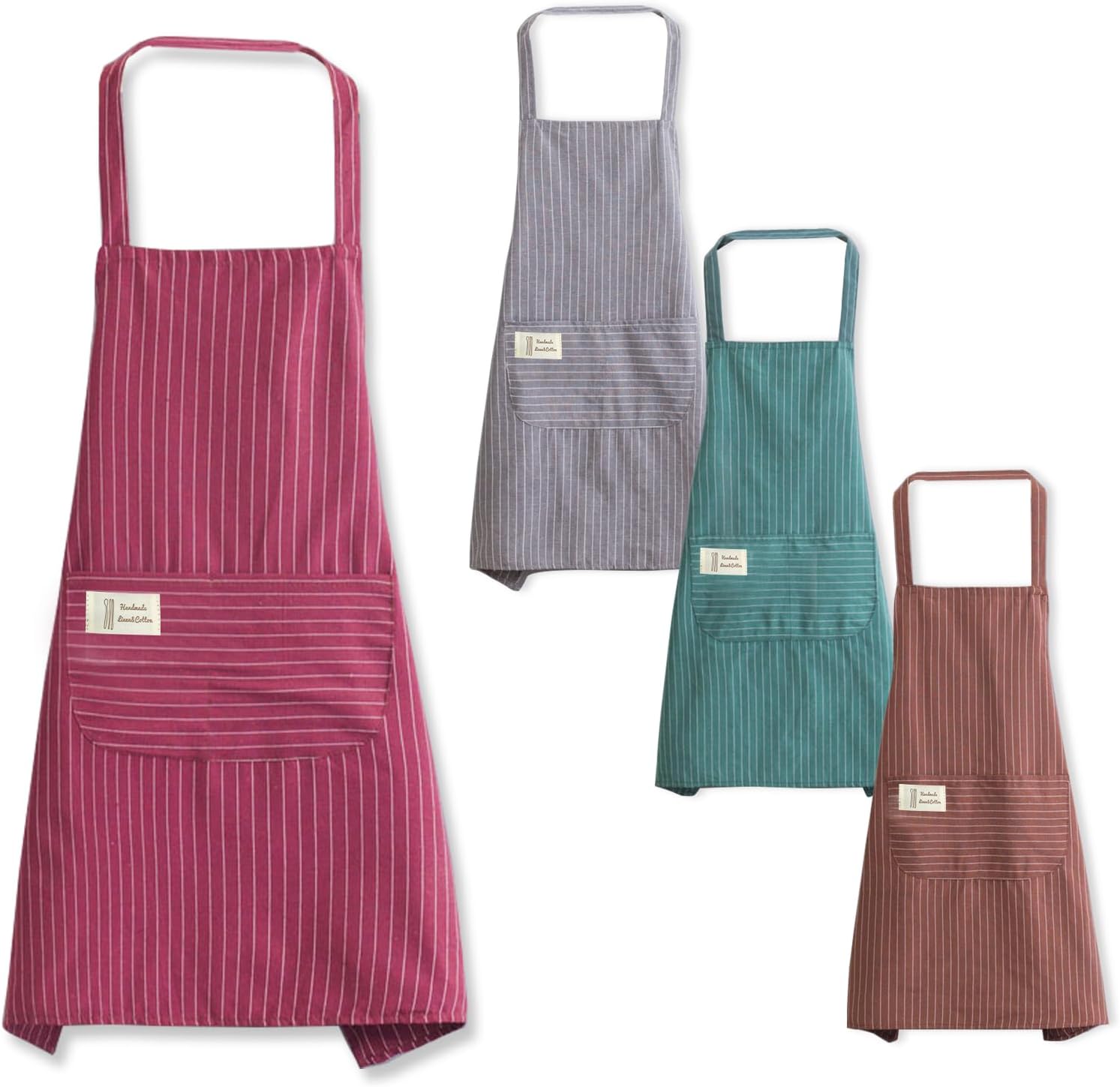 Cragmut4 Pack Stripe Bib Apron, Unisex Adjustable Bib Apron with 2 Pockets Aprons for Cooking Women Men Aprons for Cooking, Baking, Gardening, DIY Projects (Grey, Coffee, Wine Red, Green)