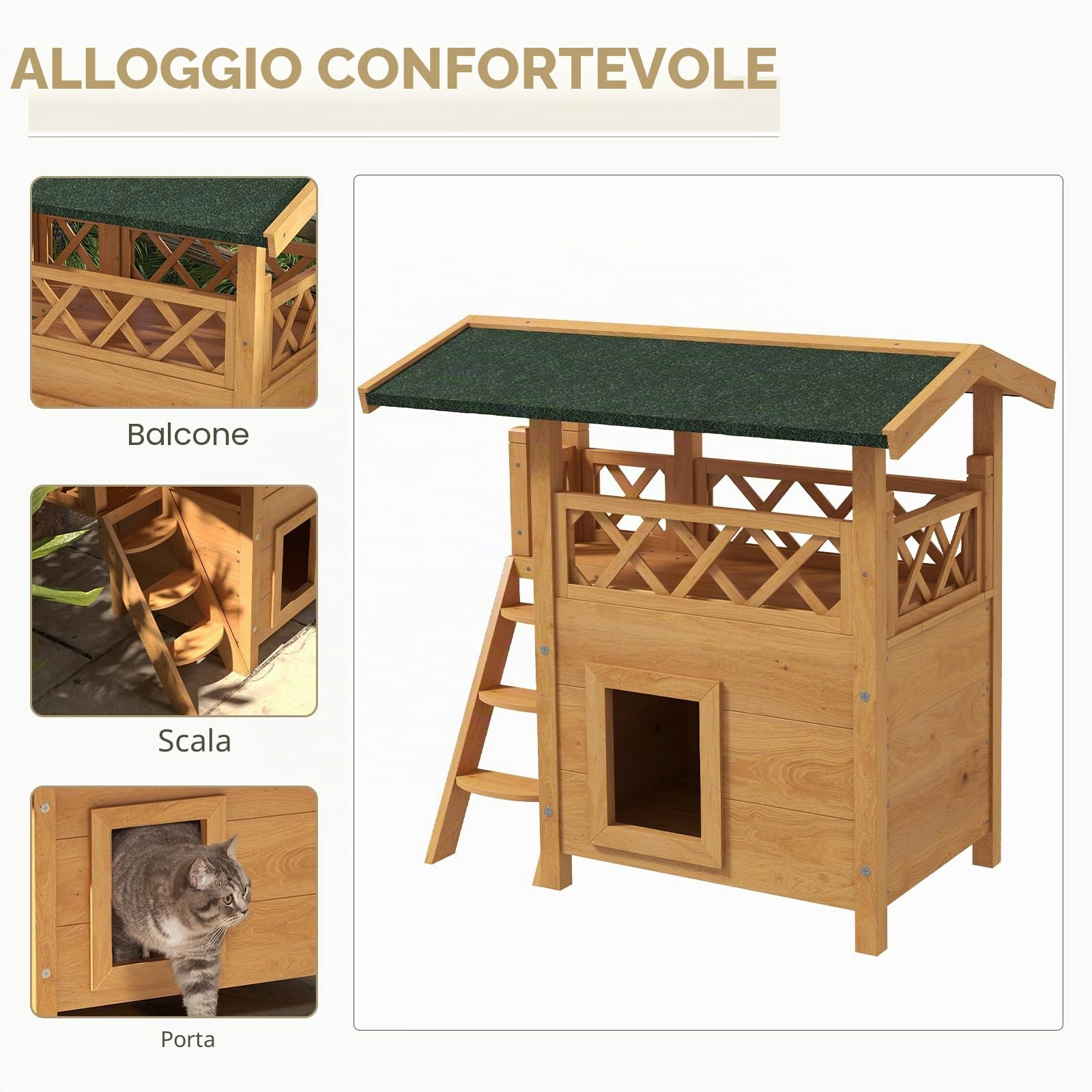 PawHut Casetta per Gatti in Legno Resistente all'Inverno, Impermeabile, con Tetto in Asfalto, Terrazza, Scala, Rifugio per Gatti per Esterni, Protezione per Giardino, Balcone 77 x 50 x 73 cm, Naturale