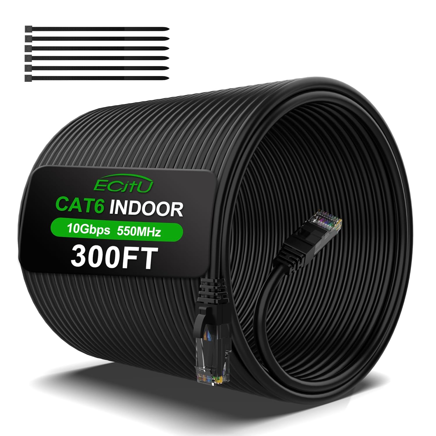 300FT Cat6 Ethernet Cable, Cat 6 Patch Cable, Cat6 Internet Cable, UTP Network Cable, Indoor and Outdoor, PoE, 24AWG CCA, Compatible for PC, Laptop, Router, Switch, Server, with 25 Cable Ties - Black