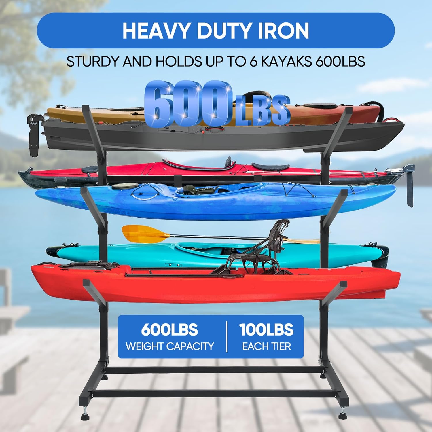 Kayak Storage Rack 3-Tier Rack for 3/6 Kayaks, Heavy Duty Kayak Racks for Garage Indoor Outdoor Storage, Freestanding Storage Rack for Kayak, Canoe, Surfboard & Paddleboard